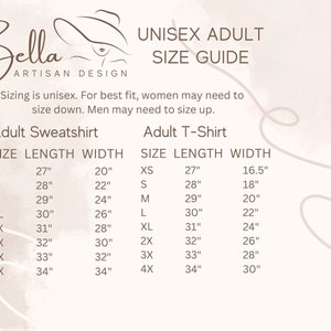 May include: Unisex adult size guide for sweatshirts and t-shirts. The chart shows sizes from XS to 5X with corresponding length and width measurements in inches.
