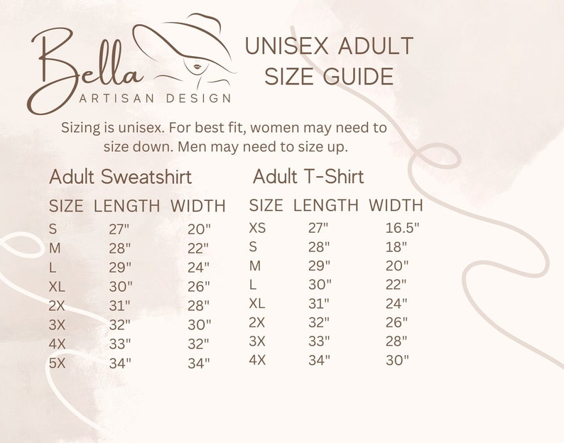 May include: Unisex adult size guide for sweatshirts and t-shirts. The chart shows sizes from XS to 5X with corresponding length and width measurements in inches.