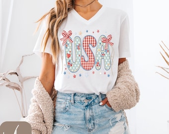 4th of July VNeck, USA VNeck Patriotic VNeck Tee, Independence Day VNeck, Coquette Bow Shirt, Red White and Blue VNeck, Cute Patriotic Tee