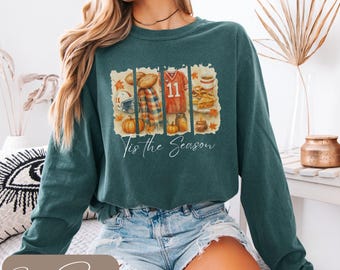 Comfort kleuren herfst voetbalshirt, Tis the Season herfst-T-shirt, Pumpkin Spice voetbalshirt, Game Day sweater comfort kleuren, herfstshirt