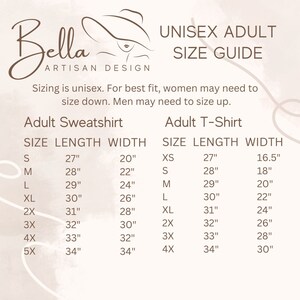 May include: Unisex adult size guide for sweatshirts and t-shirts. The chart shows sizes from S to 5X with corresponding length and width measurements in inches.