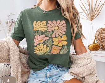 Camiseta floral bohemia Comfort Colors®, camiseta con flores, camiseta botánica Comfort Colors, camiseta bohemia con flores silvestres, camiseta floral retro, camiseta neutra
