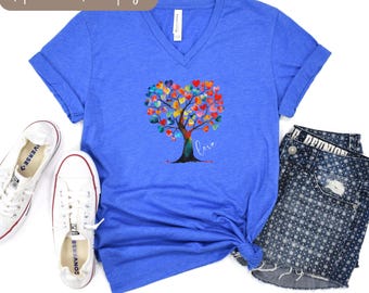 Heart Tree V-Neck T-Shirt, Nature Lover VNeck, Tree VNeck, Colorful Valentine VNeck, Outdoor Lover Valentine, Love VNeck, Boho VNeck Tee