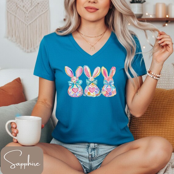 Easter V Neck Shirt, Floral Bunny Shirt, Watercolor Bunny Graphic Tee, Coquette Spring Top, Cute Easter Bunny Gift for Her, Floral VNeck