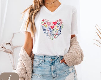 Valentine VNeck, Wildflower Heart Shirt, Floral Valentine Tee, Watercolor Valentine Shirt, Cute Womens Shirt, Nature Lover Valentine Tee