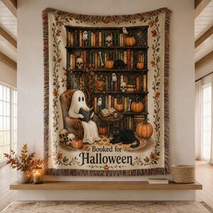 Couverture de lecture fantôme réservée pour Halloween, couverture tissée d'Halloween, cadeau pour les amoureux des livres, jeté de lecture douillet pour l'automne, décoration de bibliothèque automnale