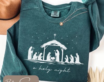 Camiseta navideña cristiana Comfort Colors, sudadera de la Natividad de la Noche Santa, camiseta navideña religiosa minimalista, camiseta de manga larga navideña de Jesús