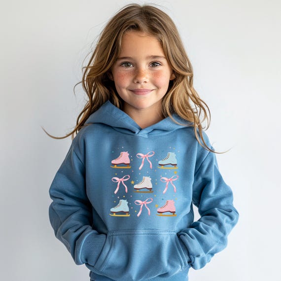 Girls Ice Skating Sweatshirt or Hooded Sweater, Cute Figure Skating Shirt for Girls, Kids Figure Skating Gifts, Coquette Bow Ice Skate Top
