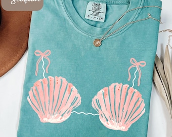 Comfort Colors® Seashell-beha-shirt, T-shirt kuststrand, bikinitopshirt zeeschelp, Coquette Beach-shirt, T-shirt zomervakantie