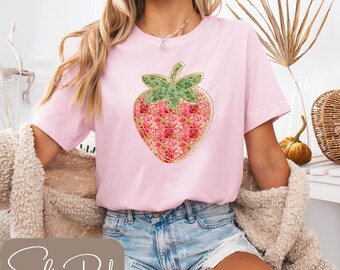 Floral Strawberry T-Shirt, Strawberry Shirt, Strawberry Picking Shirt, Strawberry Flowers Shirt, Strawberry Lover Gift, Cute Strawberry Tee