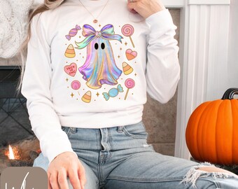 Candy Ghost Long Sleeve Tee, Trick or Chic Pastel Ghost Shirt with Bow and Candy, Cute Halloween Aesthetic, Spooky Sweet Fall Top