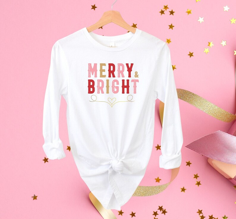 Pink Christmas Shirt, Pink Merry and Bright, Festive Holiday Sweatshirt