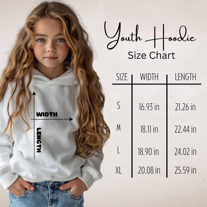 May include: A young person wearing a white hoodie, with a size chart for Youth Hoodies. The chart shows measurements in inches for width and length, ranging from size S to XL. The hoodie is shown with measurements for width and length.