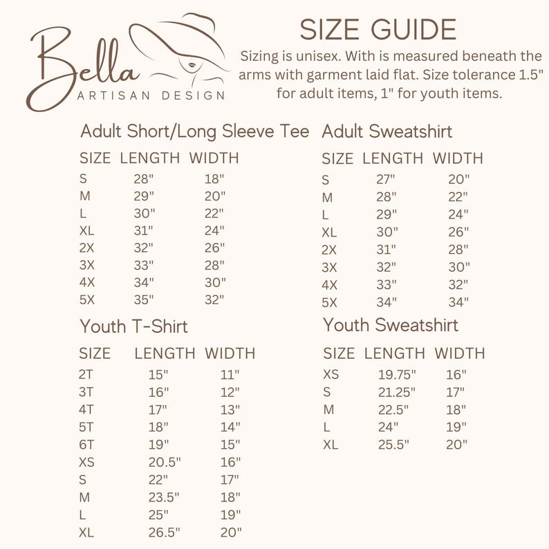 May include: Size guide for unisex adult and youth apparel. Includes measurements for short/long sleeve tees and sweatshirts. Adult sizes range from S to 5X, with lengths from 28" to 35" and widths from 18" to 32". Youth sizes range from 2T to XL.