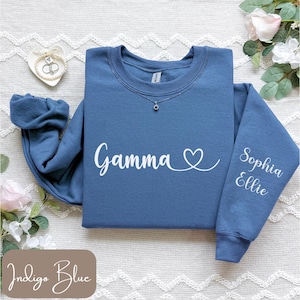 Custom Gamma Shirt with Heart, Minimalist Gamma Sweatshirt, Long Sleeve Tee, Gamma Shirt with Kids Names on Sleeve, Personalized Gamma Gifts