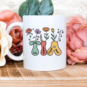 Taza personalizada de Tia, taza de Tia con nombres de niños, taza floral de Tia, regalo del Día de la Madre para Tia, taza de tía Tia, regalos de Tia, taza personalizada de Tia con nombres
