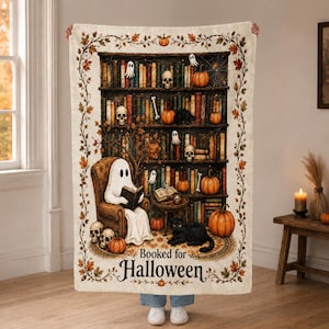 Booked for Halloween, Ghost Reading Blanket, Book Lover Gift, Fall Fleece Throw Blanket, Cozy Reading Blanket, Cute Autumn Home Decor