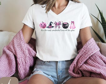 Maglietta rosa con scollo a V di Halloween, maglietta "Most Wonderful Time", top con simpatico fantasma, maglietta con scollo a V spettrale da ragazza, maglietta rosa e nera di Halloween, maglietta con scollo a V a forma di zucca rosa
