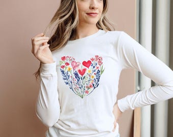 Floral Heart Long Sleeve Tee, Watercolor Heart Shirt, Wildflower Valentine Top, Romantic Long Sleeve, Nature Lover Shirt, Gift for Her