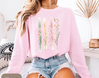 Chemise à fleurs sauvages Comfort Colors®, fleurs pastel, chemise à fleurs aquarelles, coup de pinceau floral, t-shirt à manches longues ou sweat-shirt, amoureux de la nature