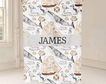 Personalized Nautical Blanket, Ocean Ships, Sailboats, Seagulls, Whales, Soft Fleece Blanket, Coastal Nursery Decor, Custom Beach Blanket