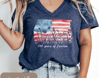 Womens Patriotic V Neck Shirt, 250 Years of Freedom Floral Tee, America 250 Shirt, Fourth of July Wildflower Top, Semiquincentennial VNeck