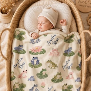 Personalized Frog Baby Blanket, Cottagecore Baby Blanket with Name, Frog Nursery Decor, Lily Pad Blanket, Woodland Baby Shower Gift