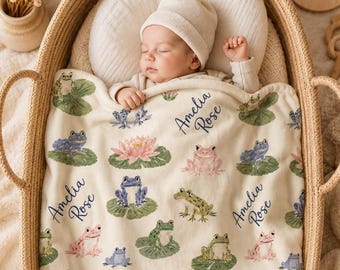 Personalized Frog Baby Blanket, Cottagecore Baby Blanket with Name, Frog Nursery Decor, Lily Pad Blanket, Woodland Baby Shower Gift