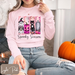 Long Sleeve Spooky Season Shirt, Pink Halloween Ghost Tee, Cute Black Cat Fall Top, Floral Jack-O-Lantern Shirt, Pastel Halloween Tee