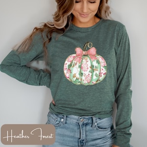 Long Sleeve Thanksgiving Tee, Floral Pumpkin Shirt, Pink Fall Long Sleeve Tee, Boho Autumn, Cottagecore Wildflower Pumpkin, Girly Fall Shirt