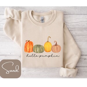 May include: Sand-colored sweatshirt featuring a watercolor design of four pumpkins in orange, green, and yellow. The phrase "hello pumpkin" is written in a black script font below the pumpkins. The sweatshirt has a crew neck and long sleeves.