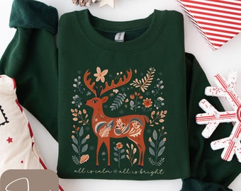 Nordic Christmas Sweatshirt, T-Shirt, Long Sleeve T-Shirt, Reindeer Christmas, Hygge, Folk Christmas, Nature Christmas Shirt, Scandanavian