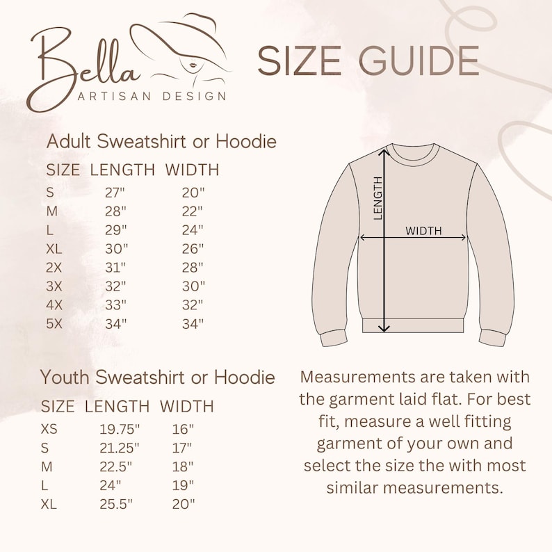 K&ouml;nnte beinhalten: Gr&ouml;&szlig;entabelle f&uuml;r Sweatshirts oder Hoodies f&uuml;r Erwachsene und Kinder. Die Tabelle zeigt die Gr&ouml;&szlig;e, L&auml;nge und Breite in Zoll. Die Tabelle enth&auml;lt auch ein Diagramm eines Sweatshirts mit den angegebenen L&auml;ngen- und Breitenma&szlig;en.