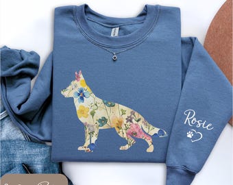 T-shirt Berger Allemand à fleurs, Sweat-shirt Berger Allemand Fleurs Sauvages, T-shirt Bohème Maman Chienne, Cadeau pour Amoureux des Bergers Allemands, T-shirt Berger Allemand Personnalisé avec le nom du Berger Allemand sur la manche
