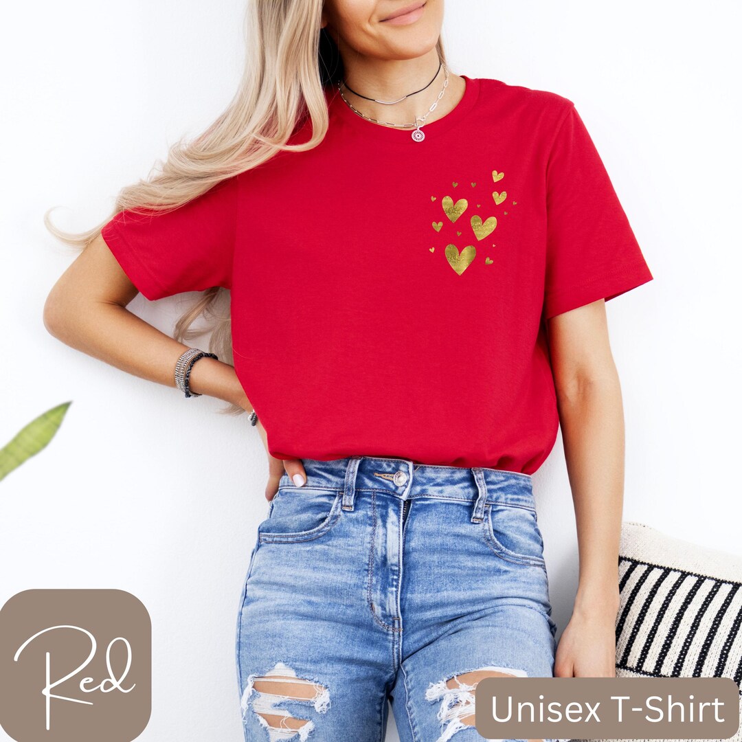 Valentine's Day Heart Art Print Crew Neck Washed Denim Cotton Pocket Top main image 0