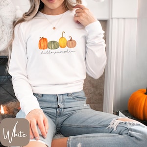 Long Sleeve Hello Pumpkin Shirt, Watercolor Fall Pumpkin Tee, Neutral Autumn Long Sleeve, Thanksgiving Pumpkin Top, Cozy Fall Graphic Tee