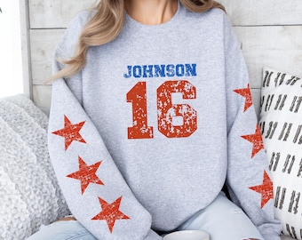 Custom Sports Number Sweatshirt or Hoodie, Custom Jersey Number Sweatshirt, Player's Number Sweatshirt with Star Sleeves, Varsity Distressed