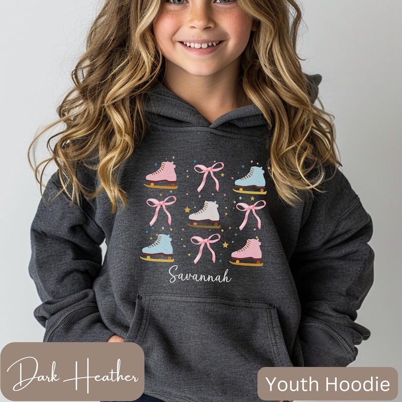 Girls Ice Skating Sweatshirt or Hooded Sweater, Cute Figure Skating Shirt for Girls, Kids Figure Skating Gifts, Coquette Bow Ice Skate Top image 4