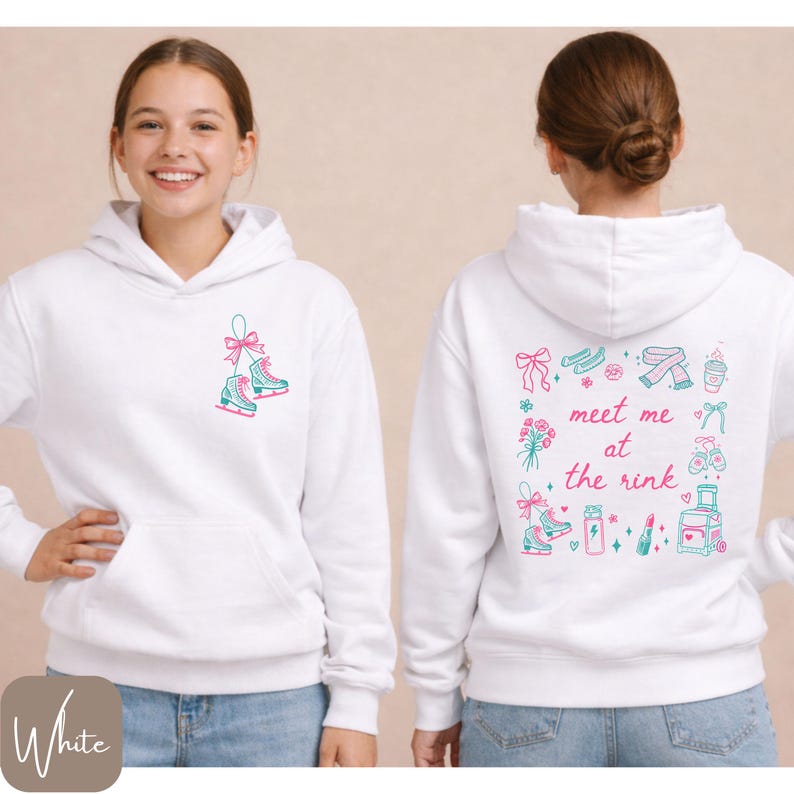 May include: White hoodie with a front pocket and a hood. The front features a teal and pink graphic of ice skates with a bow. The back of the hoodie has the text "meet me at the rink" surrounded by various illustrations.