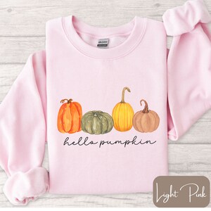 May include: Light pink sweatshirt with a watercolor design of four pumpkins in orange, green, yellow, and brown. The words "hello pumpkin" are written in a black script font below the pumpkins. The sweatshirt is a Gildan brand.