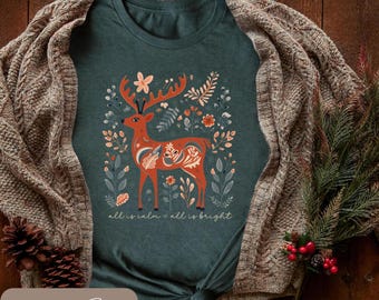 Christmas Long Sleeve T-Shirt, All Is Calm All Is Bright, Nordic Reindeer Shirt, Folk Art Christmas, Scandinavian Holiday Shirt, Nature Xmas