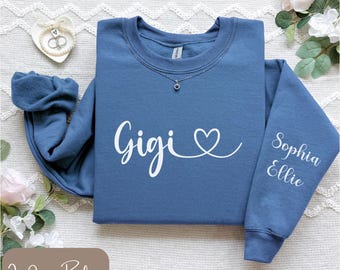 Camiseta Gigi personalizada con corazón, sudadera minimalista Gigi, camiseta de manga larga, camiseta Gigi con nombres de niños en la manga, regalos personalizados para Gigi