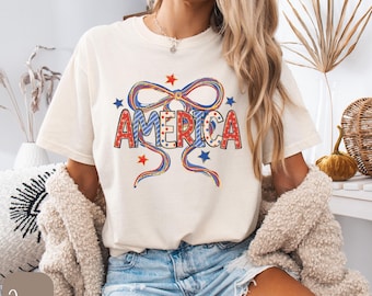 Comfort Colors® America Shirt, Coquette USA Shirt, 4th of July Shirt Women, Stars Stripes USA Flag Shirts, Coquette Bow Patriotic Shirt