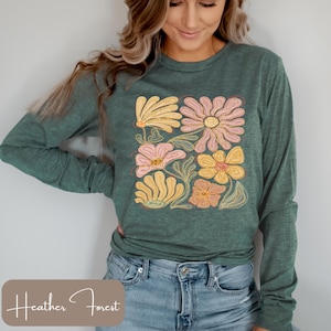 Floral Long Sleeve T-Shirt, Neutral Floral Long Sleeve, Long Sleeve Flowers Tee, Gold Flowers Shirt, Vintage Flowers, Wildflower Long Sleeve