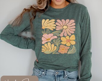 Floral Long Sleeve T-Shirt, Neutral Floral Long Sleeve, Long Sleeve Flowers Tee, Gold Flowers Shirt, Vintage Flowers, Wildflower Long Sleeve
