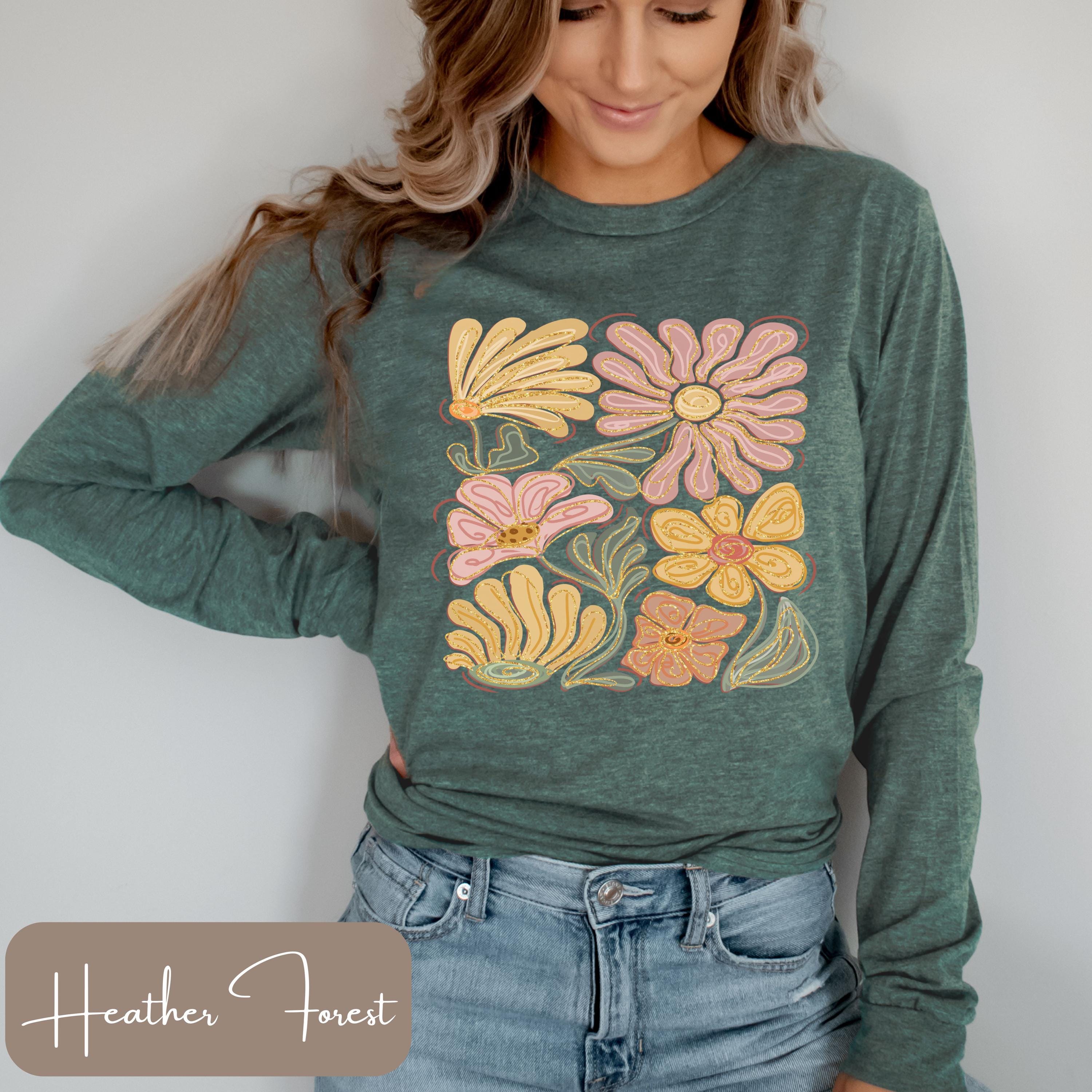 Tシャツ・カットソー RONRON FLORAL LONG SLEEVE CREAM PURPLE FLOWER Purple Orchid Floral Print Shirt - Stylish & Comfortable