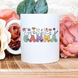 Taza Gamma personalizada, Taza Gamma con nombres de nietos, Taza floral Gamma, Regalo del Día de la Madre para Gamma, Taza Gamma, Regalos Gamma, Gamma