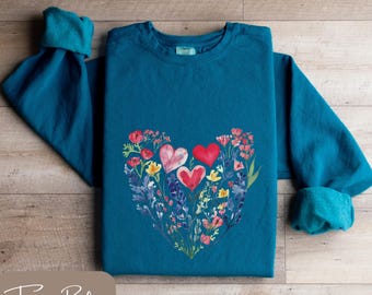 Comfort Colors Wildflower Heart Sweatshirt, Nature Lover Valentine, Wildflower Valentine, Watercolor Heart, Comfort Colors Sweatshirt