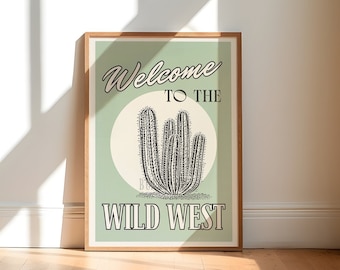 Wild West Poster Vintage Western Wall Art, Cowboy Cute Apartment Decor, Retro Cactus Art Print, Southwestern Art