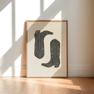 Impresión de botas de vaquero negras, cartel minimalista de arte de la pared del sur, arte vintage de vaquera occidental, decoración linda de apartamentos